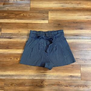 Alice & Olivia navy pinstripe, pleated, paper bag waist shorts